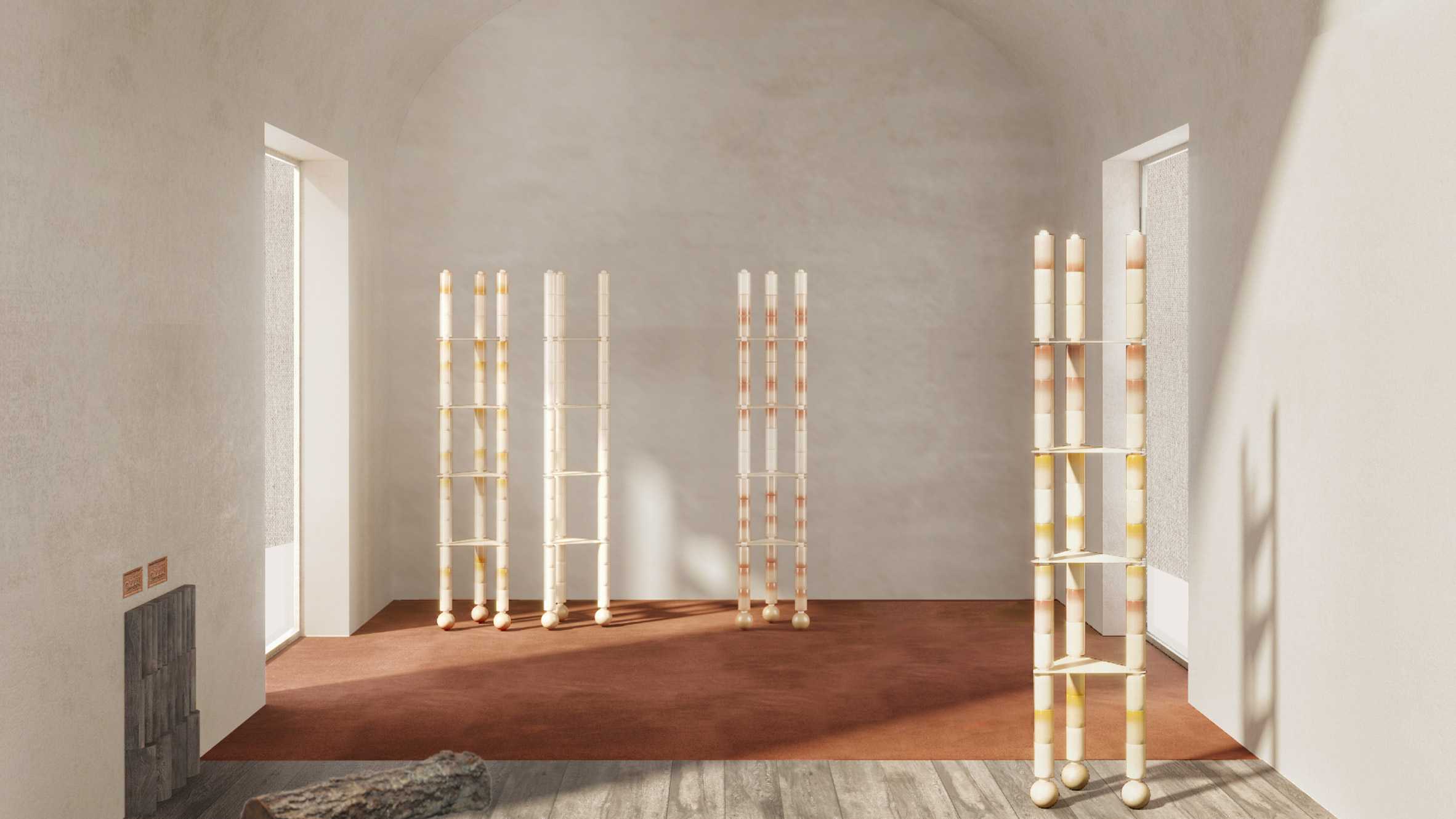 叠放的陶瓷圆柱体以制造脆弱的家具和灯具